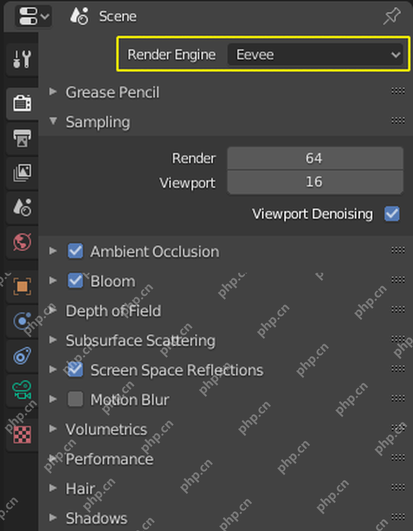Blender Render Properties 中 Eevee 渲染设置展开显示采样和环境效果入口
