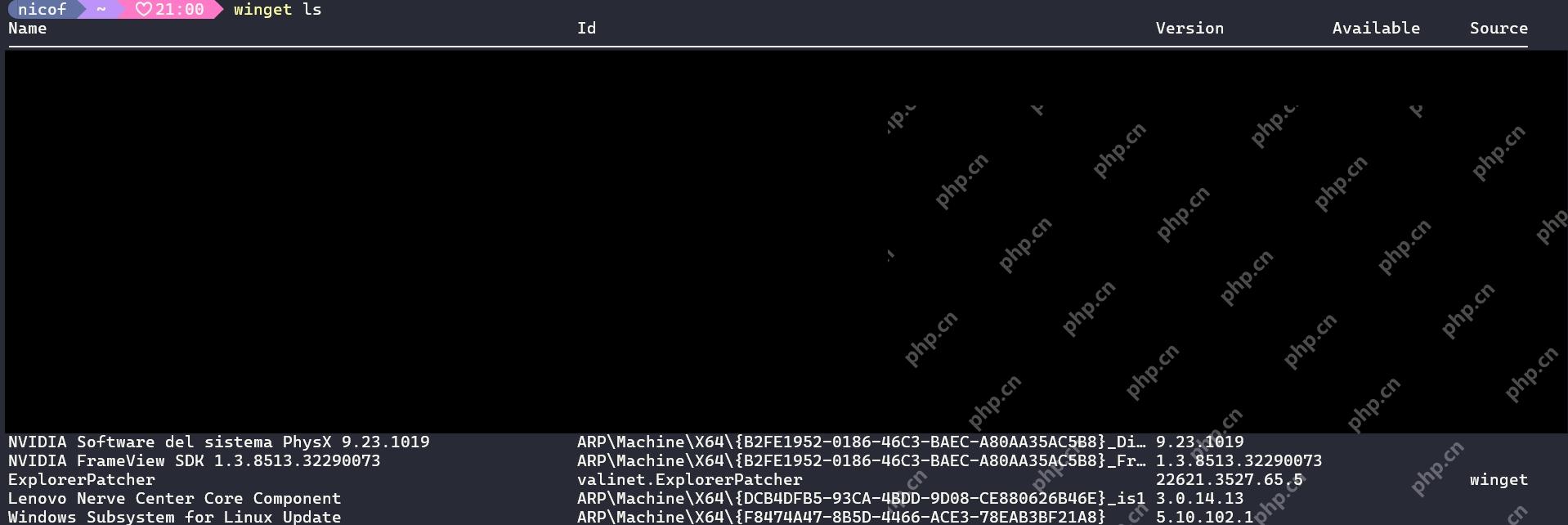 Win11 PowerShell 运行 winget ls 后显示安装包名称和被截断的 ID