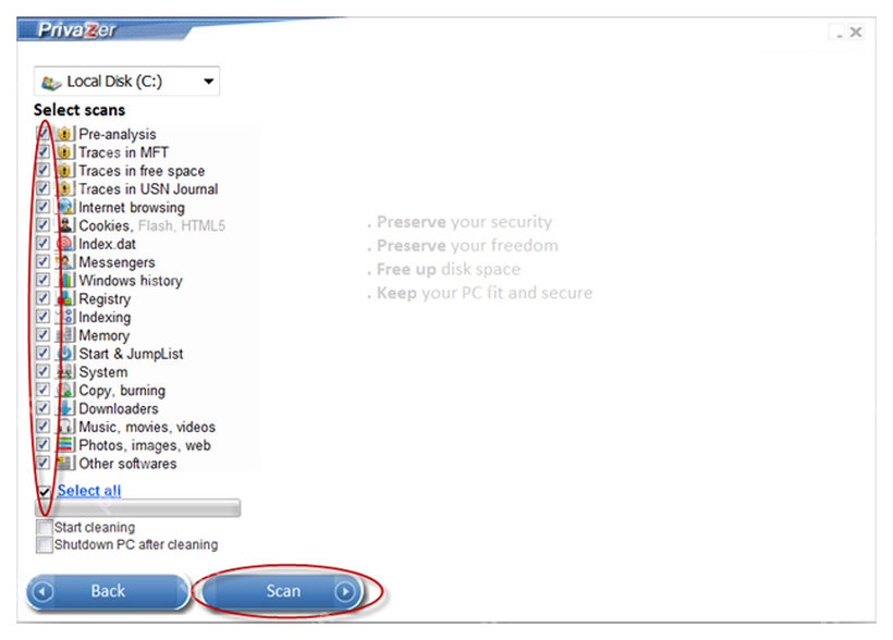 PrivaZer C 盘扫描列表显示 Temporary、Memory、Recycle bin 等项目。