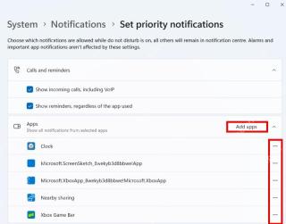 Windows 11 设置优先通知页面中的添加应用按钮