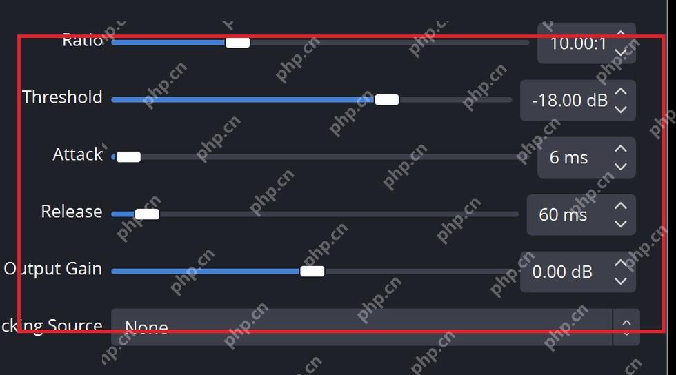 OBS Studio Compressor 滤镜右侧显示 Ratio Threshold Attack Release 和 Output Gain