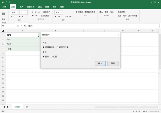 模拟 Microsoft Excel Windows桌面版 完整窗口:确认复制选项,再粘贴为静态图片