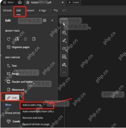Adobe Acrobat Pro 编辑面板中 Add or edit a link 菜单入口