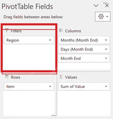 Excel 数据透视表字段窗格，地区字段放入筛选器区域