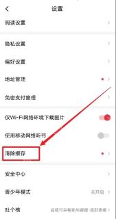 起点读书中文手机App设置页面显示清除缓存入口并用红框箭头标出,证明可进入缓存分类管理