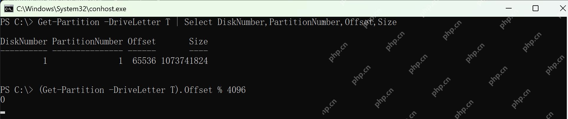 PowerShell 显示演示分区偏移量 65536 且对 4096 取余为 0