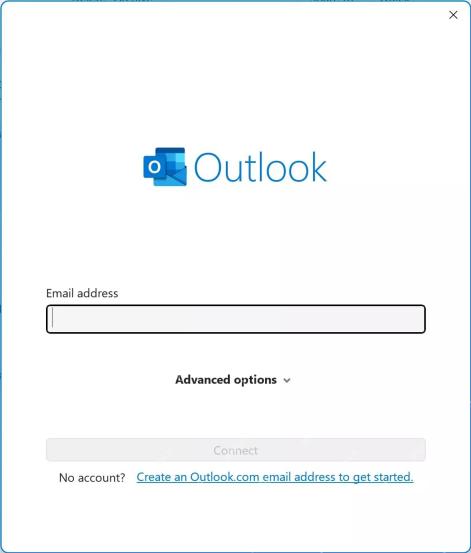 Outlook添加账户窗口中输入Email address并准备连接