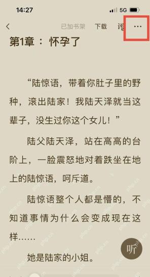 番茄小说阅读页,右上角更多按钮被红框标出,画面完整清晰