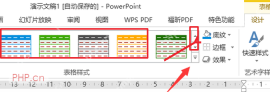 PowerPoint 表格工具设计选项卡中的表格样式区域和展开按钮，服务于进入样式库步骤