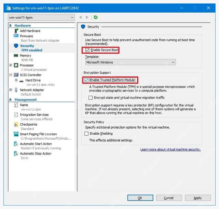 Hyper-V 虚拟机 Security 页面中 Enable Secure Boot 和 Enable Trusted Platform Module