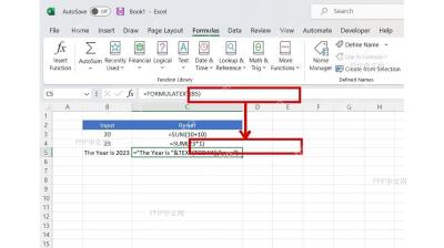 Excel 公式栏输入 FORMULATEXT 函数，把 B5 单元格里的公式取成文本