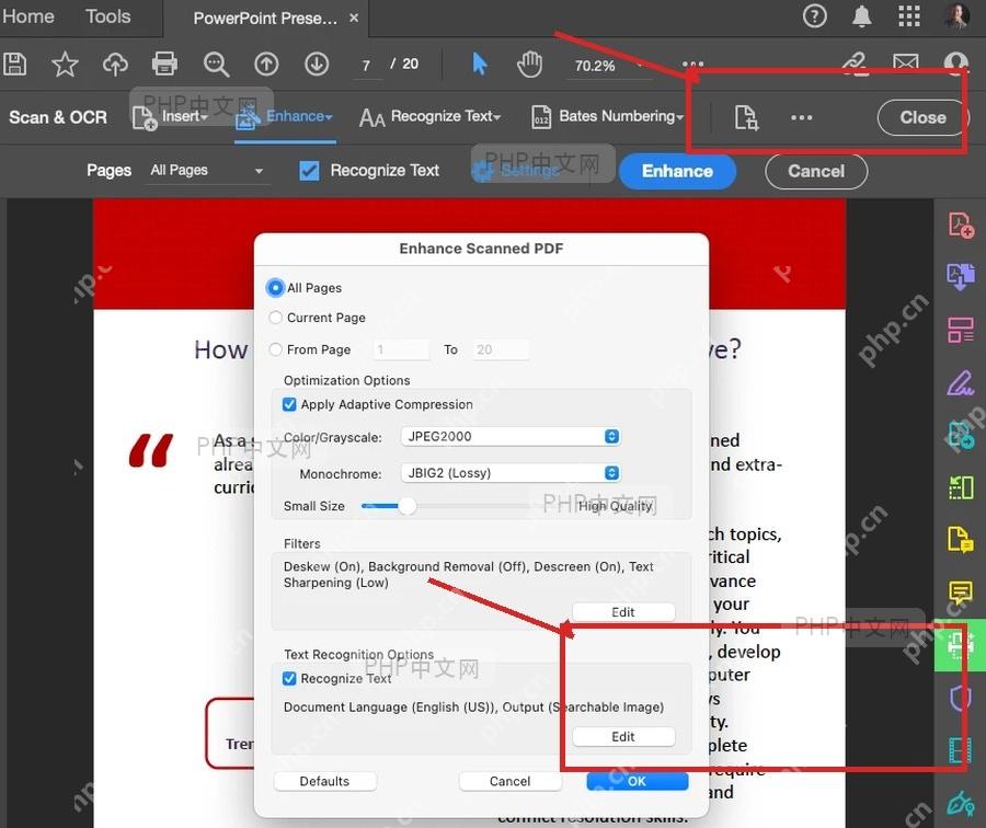 Adobe Acrobat 扫描增强对话框和确认按钮用于保存前检查