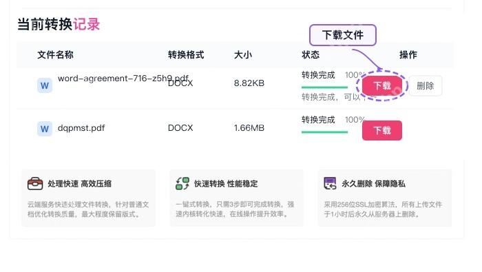 PDF转Word转换完成后的下载文件按钮