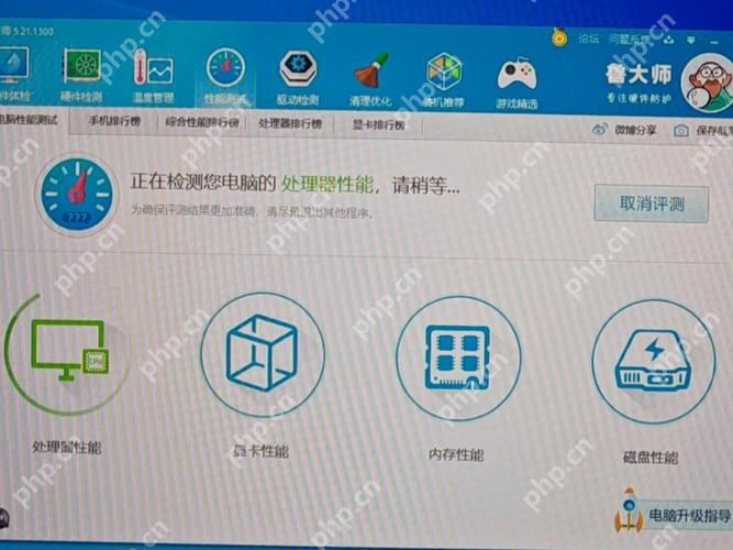 Windows 中文鲁大师硬件评测界面显示处理器性能、显卡性能和内存性能图标,证明跑分测试前先进入综合评测页