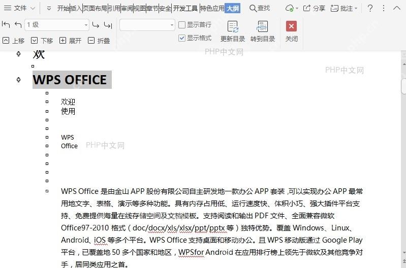 WPS在文档大纲视图中如何提升项目级别？结果检查