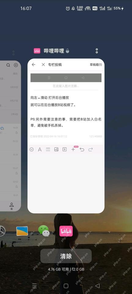 手机多任务界面中的哔哩哔哩,说明后台运行和系统限制检查