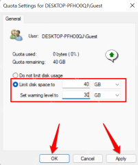 Win11 用户配额设置窗口中 Limit disk space to 40GB Set warning level to 30GB