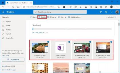 OneDrive最大文件列表中勾选文件并显示Delete删除按钮,用于释放空间