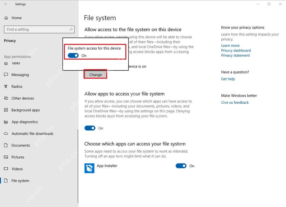 Win10 Privacy File system 页面显示设备级文件系统访问 Change 按钮