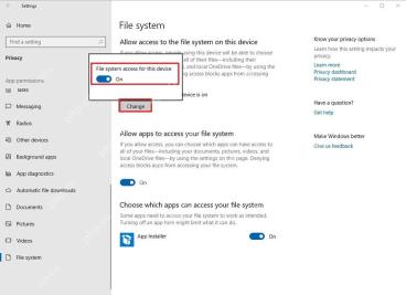 Win10 Privacy File system 页面显示设备级文件系统访问 Change 按钮