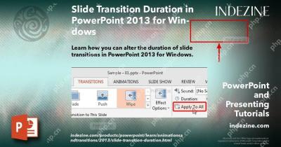 PowerPoint 计时区域的声音和持续时间设置被标出,用于调整切换播放速度