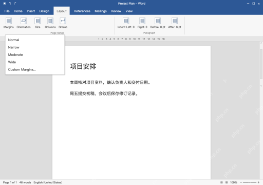 模拟 Word Windows 完整窗口：选择页边距，检查应用范围