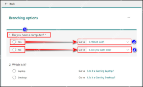 Microsoft Forms Branching options中为不同选项设置Go to跳转目标