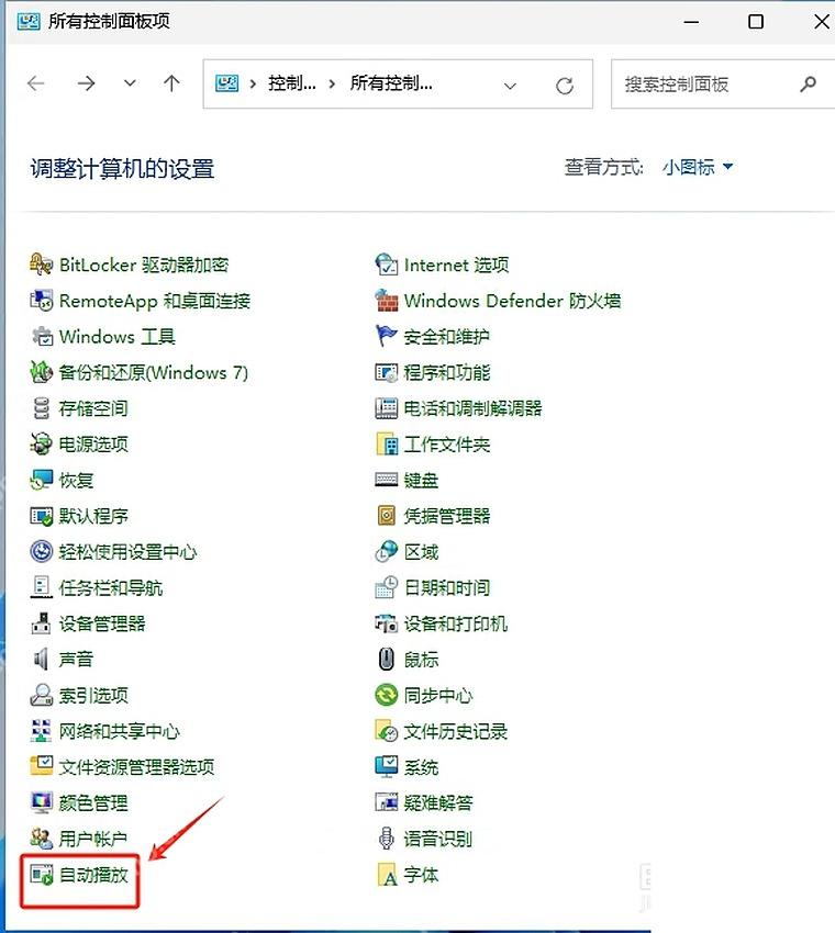 Win11 控制面板所有项目中打开自动播放