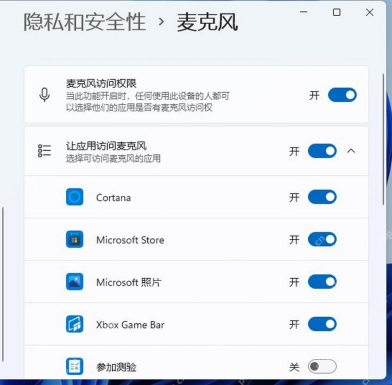 Win11 隐私和安全性麦克风页面打开麦克风访问权限