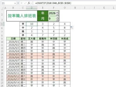 Excel 排班表中统计早中晚休各班次数量