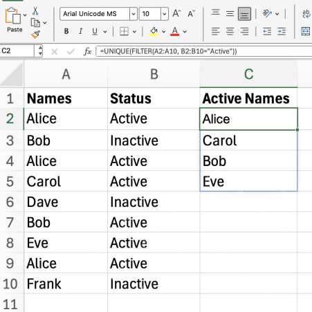 Excel 公式栏显示 UNIQUE 嵌套 FILTER，按 Active 状态提取不重复姓名