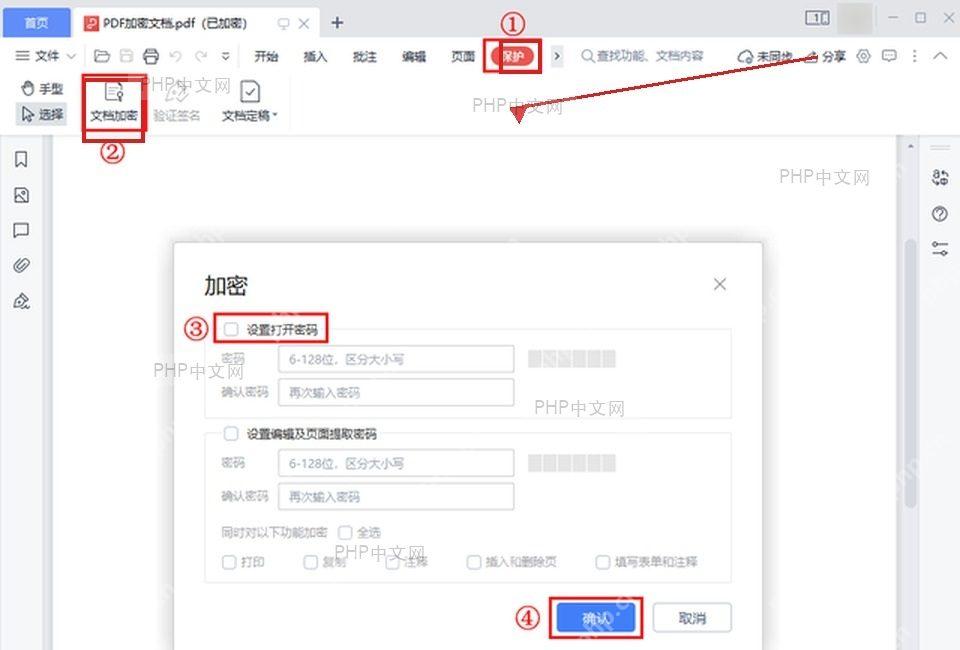 WPS PDF 保护选项卡中打开文档加密窗口,准备取消编辑及页面提取密码