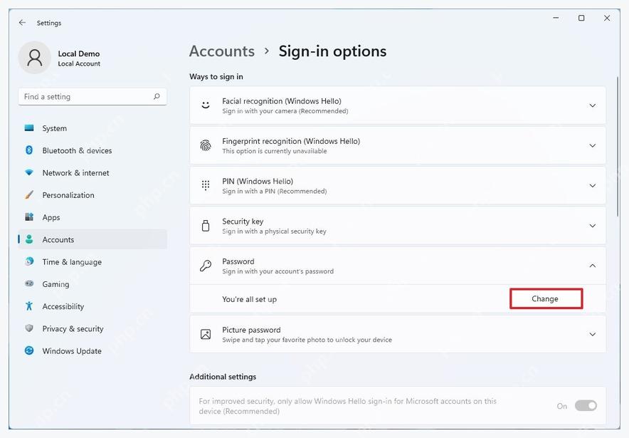 Windows 11 Settings 的 Accounts Sign-in options 密码区域