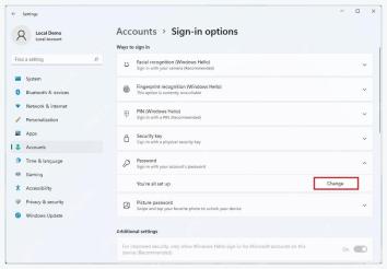 Windows 11 Settings 的 Accounts Sign-in options 密码区域