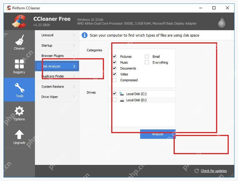 CCleaner Windows 电脑端 Disk Analyzer 文件类型和磁盘选择页面