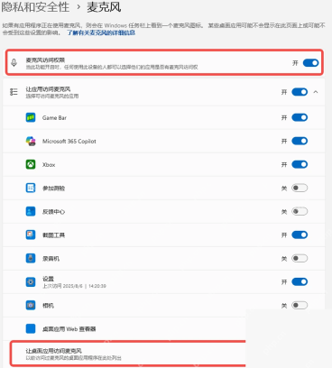 Win11 隐私和安全性麦克风页面开启访问权限