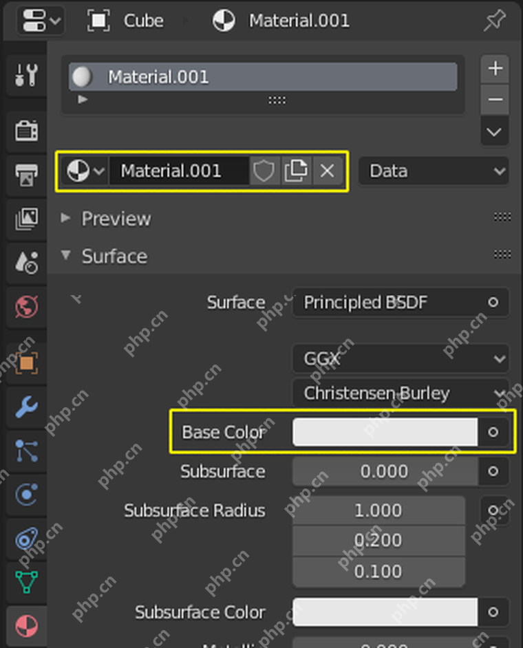 Blender 材质属性面板显示当前材质名称和 Base Color 颜色入口