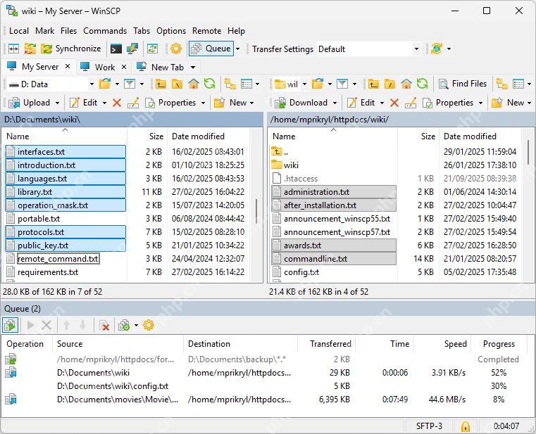 WinSCP 双栏文件管理界面用于查看本地和远程文件