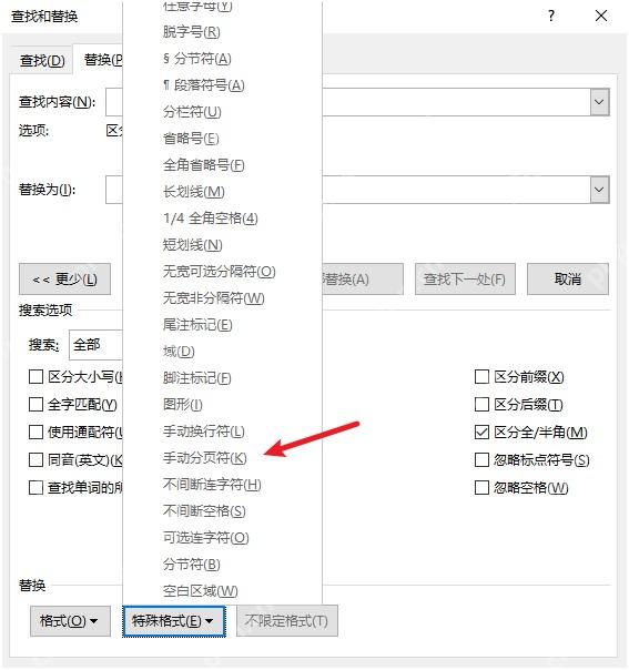Word查找和替换特殊格式中选择手动分页符