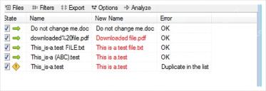 ReNamer Preview 的 Error 列显示 Duplicate in the list 等冲突提示。