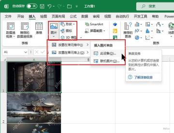 Excel 插入选项卡中图片菜单展开,放置在单元格中和此设备入口被标出