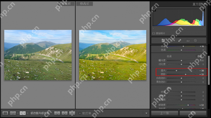 Lightroom Classic Windows 修改前后对比,高光降低且阴影提高后暗部层次更清楚