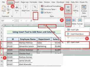 Excel 开始选项卡中打开插入菜单并选择插入工作表行