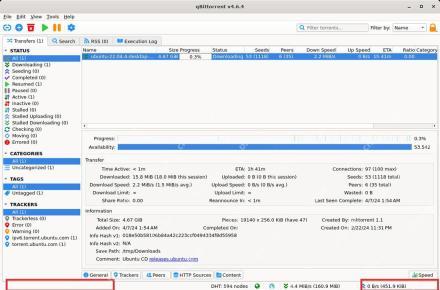 qBittorrent 主窗口底部下载和上传速度状态栏,用于检查下载速度限制是否生效