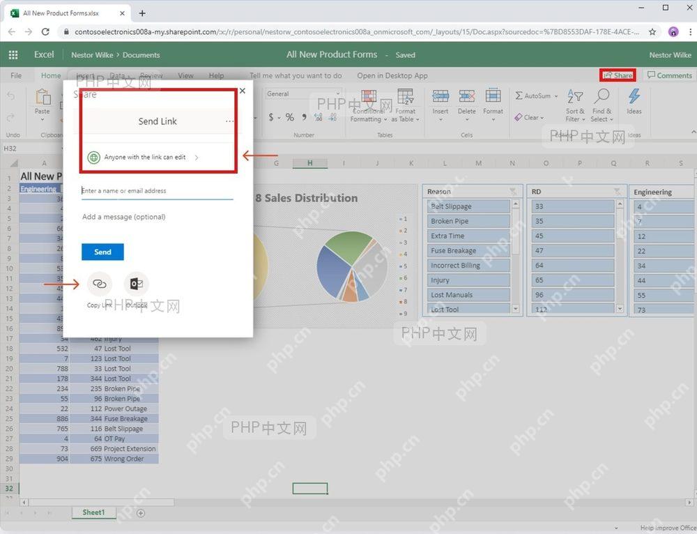 Excel 在线表格右上角共享按钮和发送链接面板