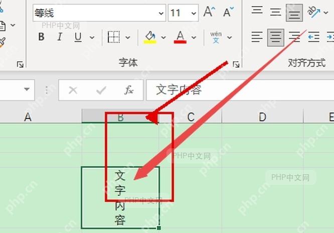 Excel 单元格文字已从上到下竖排显示,旁边保留工作表网格和对齐方式区域