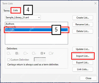 EndNote 21 在 Term Lists 的 Lists 标签中选择 Journals 并点击 Import List