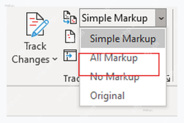 Word 审阅选项卡中显示方式下拉框选择 All Markup，用于恢复所有标记显示