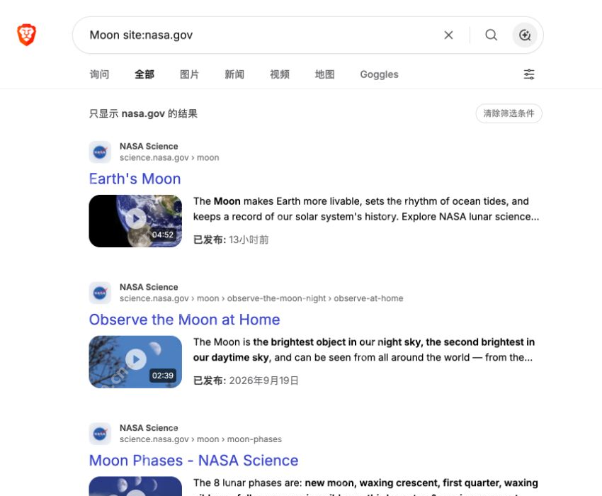 Brave Search站点运算符与只显示nasa.gov结果的真实提示