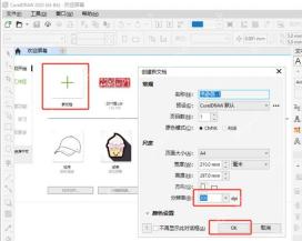 Windows 桌面 CorelDRAW 新建文档窗口显示 300 dpi 分辨率和确认按钮，证明导出图片不清晰时还要回头检查源文档分辨率。